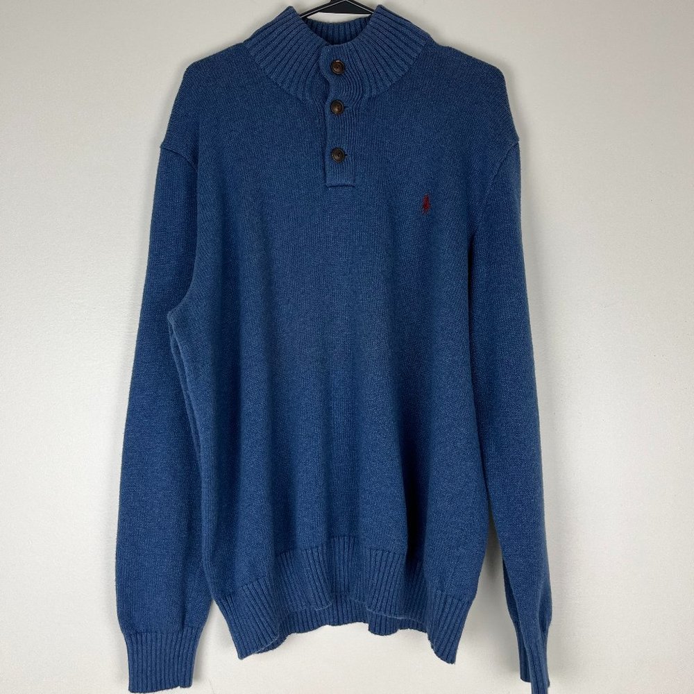 Polo Ralph Lauren Blue with Red Pony Logo, XXL Men's Casual Sweater W/3 Buttons